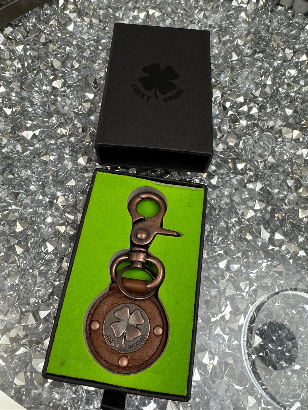 Lucky Brand Brown Leather Clover Key Chain with Antiqued Copper Hardware NEW
